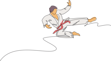 singolo continuo linea disegno di giovane fiducioso karateka uomo nel chimono praticante karatè combattere a dojo. marziale arte sport formazione concetto. di moda uno linea disegnare design grafico illustrazione png