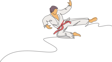 Célibataire continu ligne dessin de Jeune sur de soi karatéka homme dans kimono pratiquant karaté combat à dojo. martial art sport formation concept. branché un ligne dessiner conception graphique illustration png