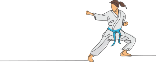 uno soltero línea dibujo de joven deportivo karateka niña en lucha uniforme con cinturón hacer ejercicio marcial Arte a gimnasio ilustración. sano deporte estilo de vida concepto. moderno continuo línea dibujar diseño png