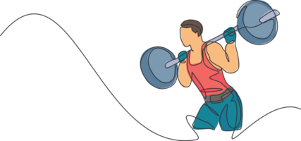 ett kontinuerlig linje teckning av ung kroppsbyggare man håller på med övning med en tung vikt bar i Gym. kraftlyftare tåg tyngdlyftning begrepp. dynamisk enda linje dra design grafisk illustration png