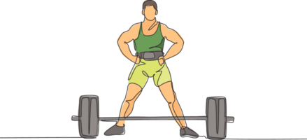 un continu ligne dessin de Jeune bodybuilder homme Faire exercice avec une lourd poids bar dans salle de sport. powerlifter train musculation concept. dynamique Célibataire ligne dessiner conception illustration graphique png