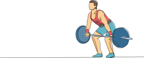 One single line drawing of fit young athlete muscular man lifting barbells working out at a gym illustration. Weightlifter preparing for training concept. Modern continuous line draw design png