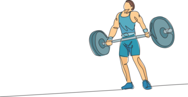 un continu ligne dessin de Jeune bodybuilder homme Faire exercice avec une lourd poids bar dans salle de sport. powerlifter train musculation concept. dynamique Célibataire ligne dessiner conception graphique illustration png