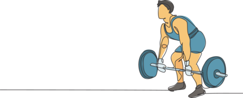 Single continuous line drawing of young strong weightlifter man preparing for barbell workout in gym. Weight lifting training concept. Trendy one line draw design graphic illustration png