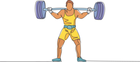 Single continuous line drawing of young strong weightlifter man preparing for barbell workout in gym. Weight lifting training concept. Trendy one line draw design graphic illustration png
