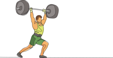 One continuous line drawing of young bodybuilder man doing exercise with a heavy weight bar in gym. Powerlifter train weightlifting concept. Dynamic single line draw design graphic illustration png