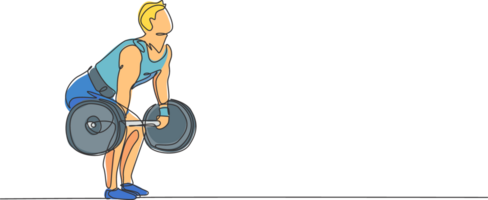 One continuous line drawing of young bodybuilder man doing exercise with a heavy weight bar in gym. Powerlifter train weightlifting concept. Dynamic single line draw design illustration graphic png