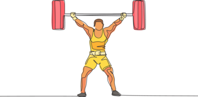 un Célibataire ligne dessin de en forme Jeune athlète musclé homme levage haltères travail en dehors à une Gym illustration. haltérophile en train de préparer pour formation concept. moderne continu ligne dessiner conception png