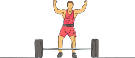 un continu ligne dessin de Jeune bodybuilder homme Faire exercice avec une lourd poids bar dans salle de sport. powerlifter train musculation concept. dynamique Célibataire ligne dessiner conception graphique illustration png