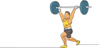 un continu ligne dessin de Jeune bodybuilder homme Faire exercice avec une lourd poids bar dans salle de sport. powerlifter train musculation concept. dynamique Célibataire ligne dessiner conception graphique illustration png