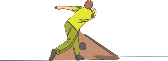 enda kontinuerlig linje teckning av ung Lycklig bowling spelare man kasta bowling boll till träffa stift. håller på med sport hobby på fritid tid begrepp. trendig ett linje dra design illustration grafisk png