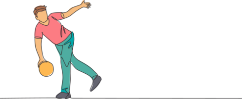 een doorlopend lijn tekening van jong gelukkig bowling speler Mens Gooi bal in rijbaan naar raken de pin. gezond sport en levensstijl werkzaamheid concept. dynamisch single lijn trek ontwerp illustratie png