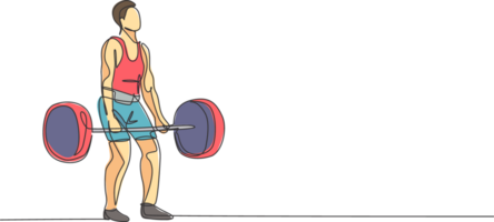 Single continuous line drawing of young strong weightlifter man preparing for barbell workout in gym. Weight lifting training concept. Trendy one line draw design graphic illustration png