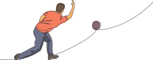 One continuous line drawing of young happy bowling player man throw ball into lane to hit the pin. Healthy sport and lifestyle activity concept. Dynamic single line draw design illustration png