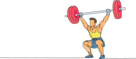 Single continuous line drawing of young strong weightlifter man preparing for barbell workout in gym. Weight lifting training concept. Trendy one line draw design graphic illustration png