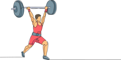 One continuous line drawing of young bodybuilder man doing exercise with a heavy weight bar in gym. Powerlifter train weightlifting concept. Dynamic single line draw design illustration graphic png