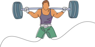 Single continuous line drawing of young strong weightlifter man preparing for barbell workout in gym. Weight lifting training concept. Trendy one line draw design graphic illustration png