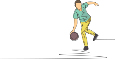 een single lijn tekening van jong getalenteerd bowling speler Mens Gooi bal naar raken bowling pinnen grafisch illustratie. gezond mensen levensstijl en sport concept. modern doorlopend lijn trek ontwerp png