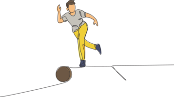 Célibataire continu ligne dessin de Jeune content bowling joueur homme jeter bowling Balle à frappé le épingles. Faire sport loisir à loisir temps concept. branché un ligne dessiner conception illustration graphique png