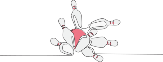 uno continuo linea disegno foderato su bowling perni caduta a parte colpire di palla a bowling corsia. salutare sport e stile di vita attività concetto. dinamico singolo linea disegnare grafico design illustrazione png