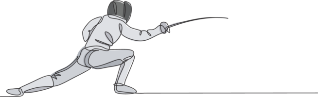 One single line drawing of young man fencer athlete in fencing costume exercising motion on sport arena illustration. Combative and fighting sport concept. Modern continuous line draw design png