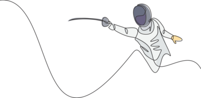 One single line drawing of young woman fencer athlete in fencing costume exercising motion on sport arena illustration. Combative and fighting sport concept. Modern continuous line draw design png
