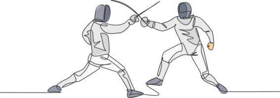 One single line drawing of two men fencer athlete in fencing costume exercising motion on sport arena illustration. Combative and fighting sport concept. Modern continuous line draw design png