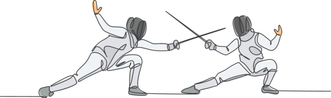 Single continuous line drawing of two young fencer athlete men in fencing mask and rapier duel at arena. Competitive fighting sport competition concept. Trendy one line draw design illustration png