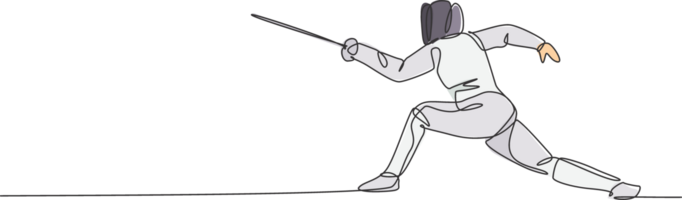 Single continuous line drawing young professional fencer athlete man in fencing mask and rapier. Competitive fighting sport competition concept. Trendy one line draw design graphic illustration png