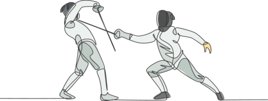 een single lijn tekening van twee jong Dames schermer atleet in hekwerk kostuum oefening duel Aan sport arena illustratie. strijdlustig en vechten sport concept. modern doorlopend lijn trek ontwerp png