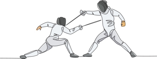 One single line drawing of two young men fencer athlete in fencing costume exercise motion on sport arena illustration. Combative and fighting sport concept. Modern continuous line draw design png