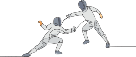 un continu ligne dessin de deux Jeune Hommes escrime athlète entraine toi combat action sur sport arène. escrime costume et en portant épée concept. dynamique Célibataire ligne dessiner conception illustration png