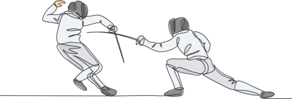 Single continuous line drawing of two young professional fencer athlete men in fencing mask and rapier duel at arena. Sport fight competition concept. Trendy one line draw design illustration png