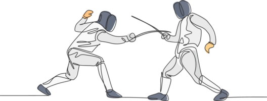 One continuous line drawing of two men fencing athlete practice fighting on professional sport arena. Fencing costume and holding sword concept. Dynamic single line draw design illustration png