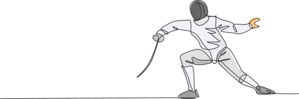 One single line drawing of young man fencer athlete in fencing costume exercising motion on sport arena illustration. Combative and fighting sport concept. Modern continuous line draw design png