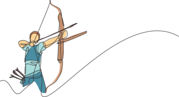 1 solteiro linha desenhando do jovem arqueiro homem foco exercício tiro com arco para bater a alvo gráfico ilustração. saudável refrescar tiroteio com arco esporte conceito. moderno contínuo linha desenhar Projeto png