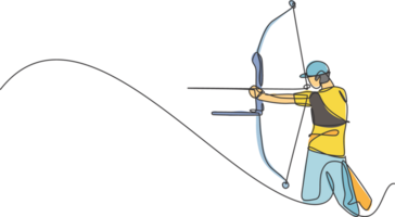 single doorlopend lijn tekening van jong professioneel boogschutter Mens focus het richten boogschieten doelwit. boogschieten sport oefening met de boog concept. modieus een lijn trek ontwerp illustratie grafisch png