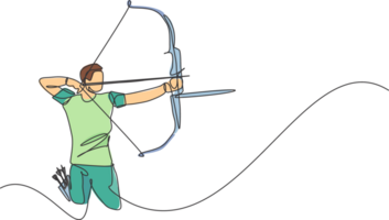 enda kontinuerlig linje teckning av ung professionell archer man fokus stående och siktar bågskytte mål. bågskytte sport övning med de rosett begrepp. trendig ett linje dra design illustration png