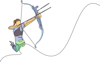 One continuous line drawing of young archer woman pulling the bow to shooting an archery target. Archery sport training and exercising concept. Dynamic single line draw design illustration png