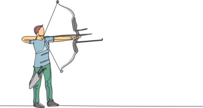 One continuous line drawing of young archer man pulling bow to shooting an archery target. Archery sport training and exercising concept. Dynamic single line draw design graphic illustration png
