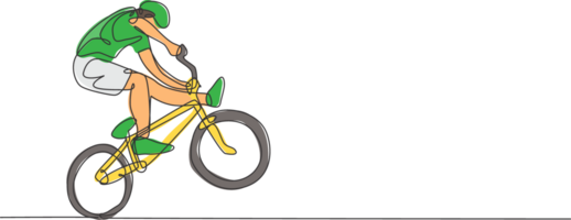 uno singolo linea disegno di giovane bmx bicicletta ciclista l'esecuzione freestyle trucco su strada illustrazione. estremo sport concetto. moderno continuo linea disegnare design per freestyle concorrenza bandiera png