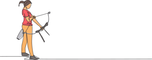 un Célibataire ligne dessin de Jeune archer femme concentrer exercice tir à l'arc à frappé cible graphique illustration. en bonne santé rafraîchir tournage avec arc sport concept. moderne continu ligne dessiner conception png