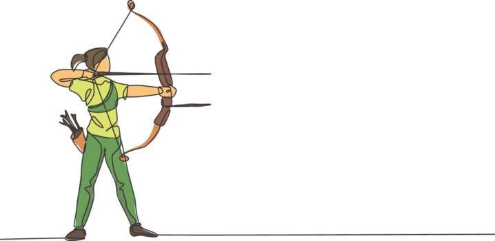 Single continuous line drawing of young professional archer woman focus aiming archery target. Archery sport exercise with the bow concept. Trendy one line draw design graphic illustration png