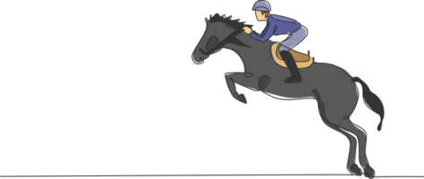 een single lijn tekening van jong paard rijder Mens het uitvoeren van dressuur jumping test grafisch illustratie. ruiter sport tonen wedstrijd concept. modern doorlopend lijn trek ontwerp png