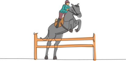 uno soltero línea dibujo joven caballo jinete hombre ejecutando entrenamiento de caballos saltando el obstáculo prueba ilustración gráfico. ecuestre deporte espectáculo competencia concepto. moderno continuo línea dibujar diseño png