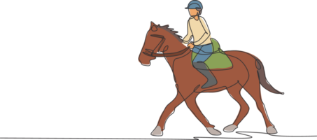 un continu ligne dessin de Jeune cheval cavalier homme dans action. équin formation à courses piste. équestre sport compétition concept. dynamique Célibataire ligne dessiner conception illustration graphique png