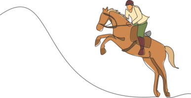 uno continuo línea dibujo joven caballo jinete hombre en saltando acción. equino formación a carreras pista. ecuestre deporte competencia concepto. dinámica soltero línea dibujar diseño ilustración gráfico png