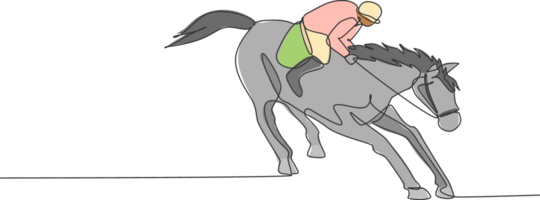 un continu ligne dessin de Jeune cheval cavalier homme dans action. équin formation à courses piste. équestre sport compétition concept. dynamique Célibataire ligne dessiner conception graphique illustration png