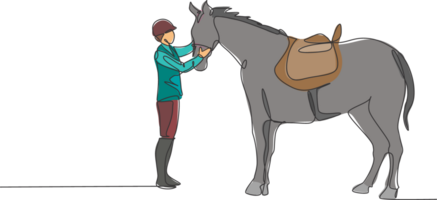 single doorlopend lijn tekening van jong professioneel te paard rijder pratend verstand een paard Bij de stallen. ruiter sport opleiding werkwijze concept. modieus een lijn trek ontwerp illustratie png