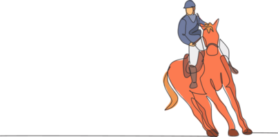 uno soltero línea dibujo de joven caballo jinete hombre ejecutando entrenamiento de caballos corriendo prueba gráfico ilustración. ecuestre deporte espectáculo competencia concepto. moderno continuo línea dibujar diseño png